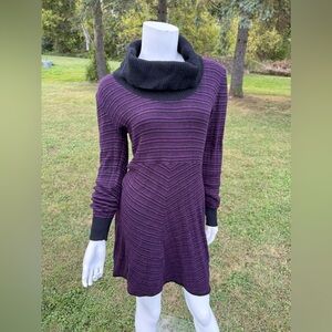 Prana Cozy Wool Sweater Dress Black + Purple Stripe GUC Medium